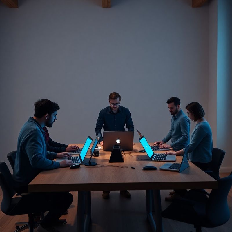 Das siebenköpfige Betazriver-Team an einem Stehtisch mit leuchtenden Laptop-Screens